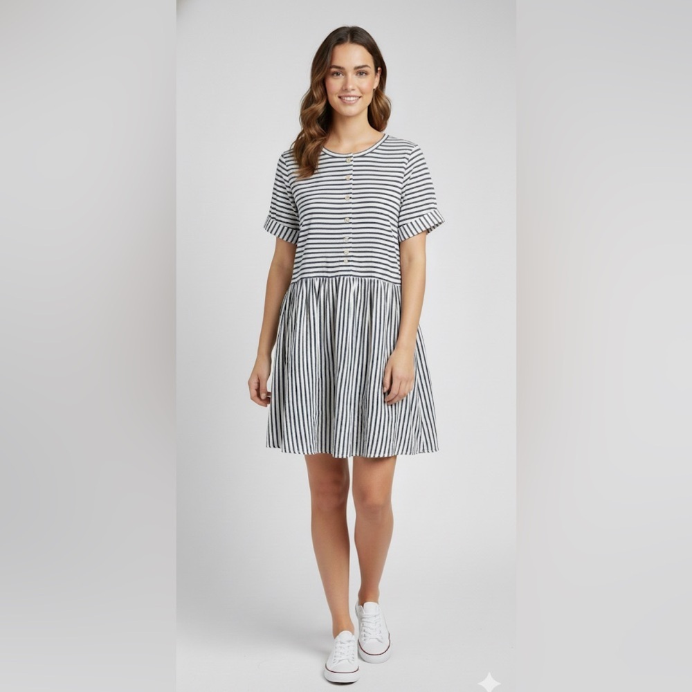 Laura Bianchi Made in Italy 100% linen navy striped babydoll mini dress size XS